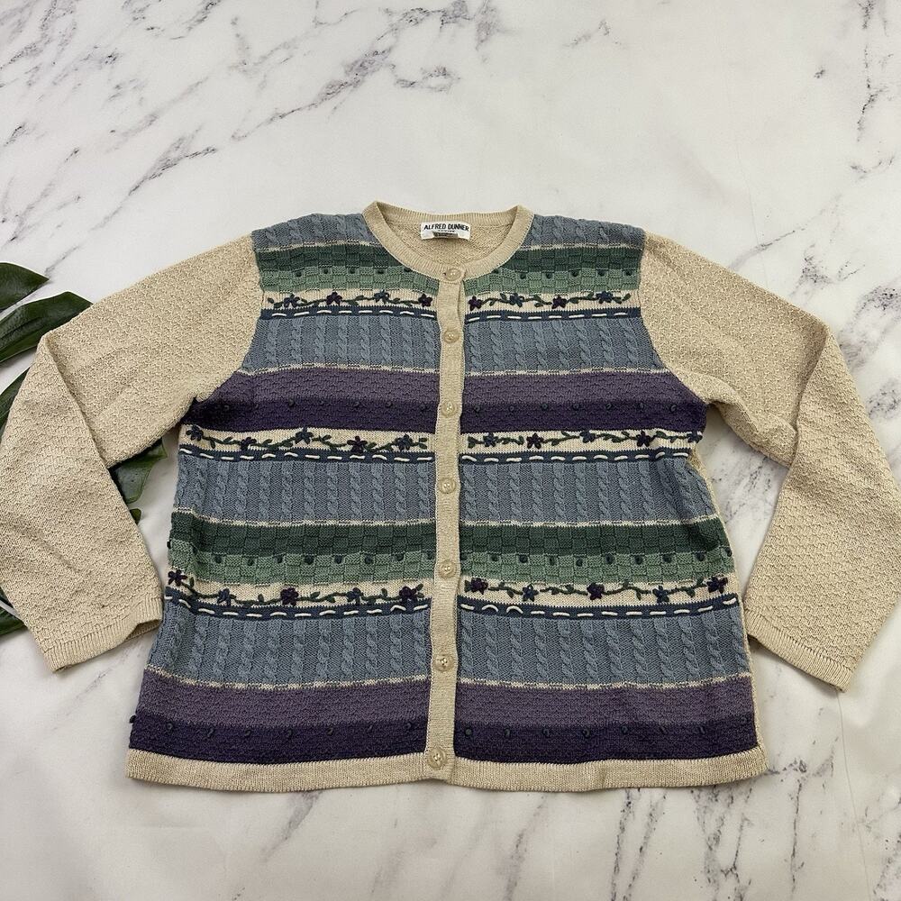Alfred Dunner Womens Vintage 90s Cardigan Sweater Size M P Cream Blue Floral